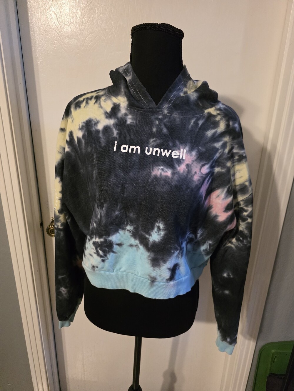 Tie-Dye Cropped Hoodie Sweater - I Am Unwell Graphic, Multi-Color